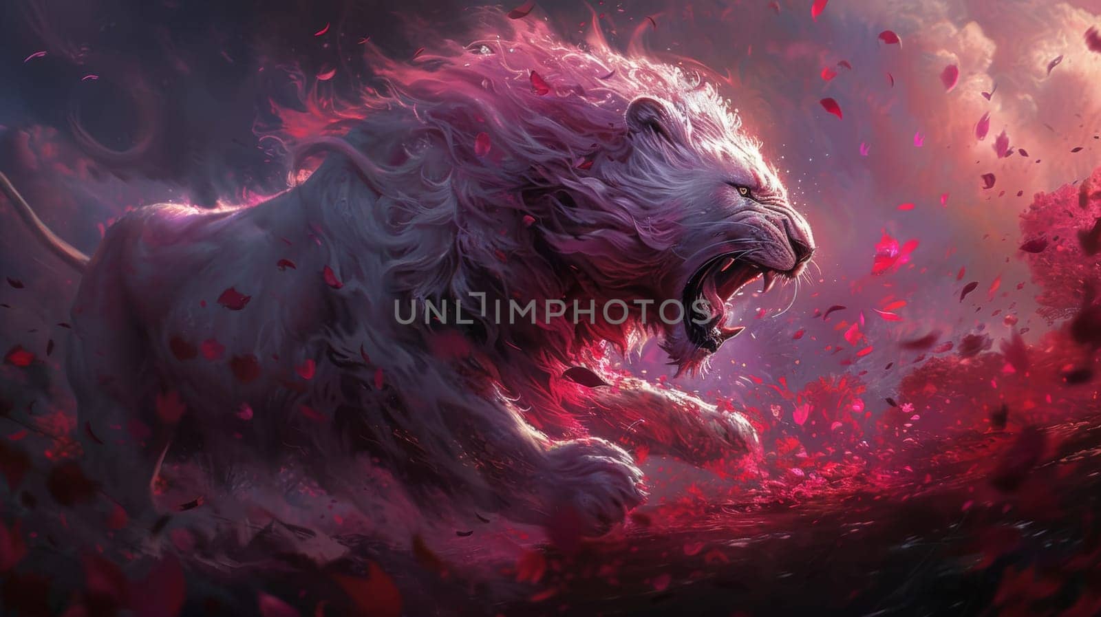 A painting of a lion roaring in the wind with pink flowers
