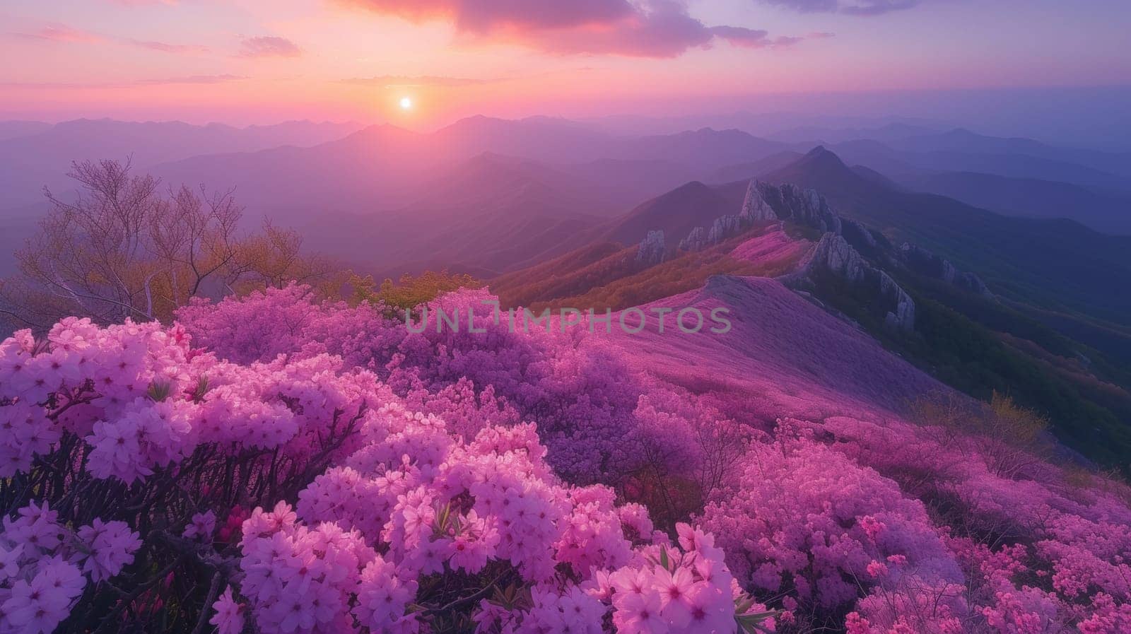 A mountain range with pink flowers in the foreground