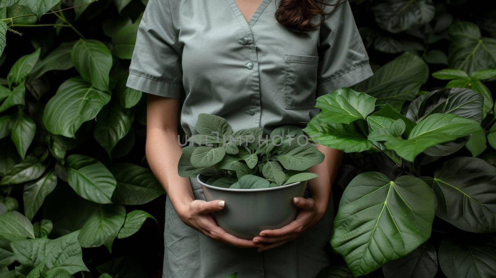 A woman in a grey shirt holding up a pot of plants