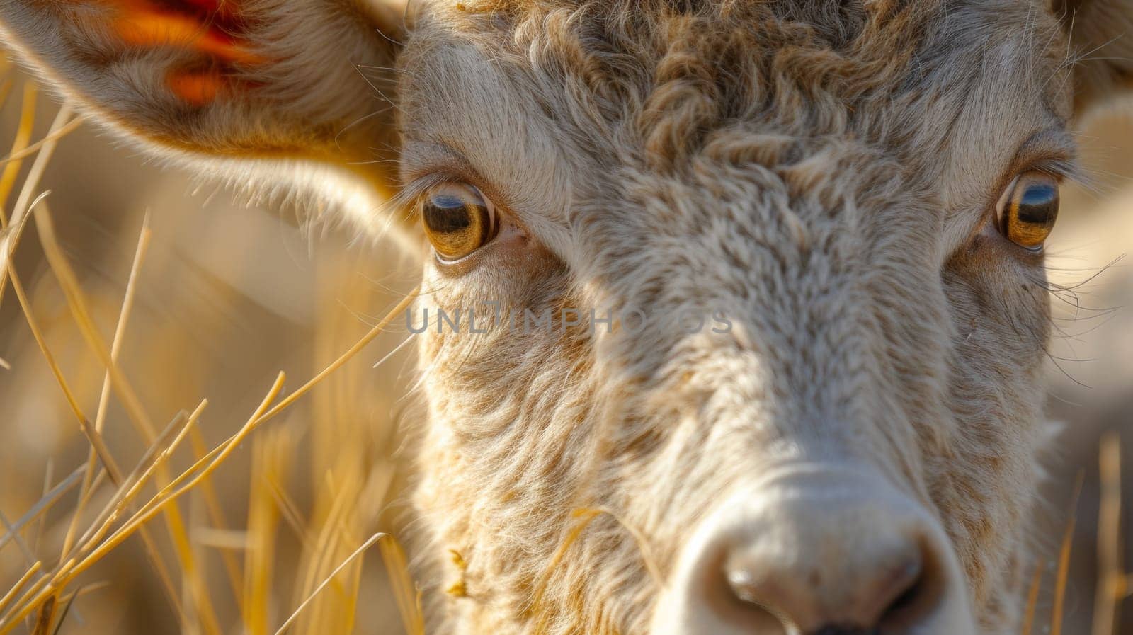 A close up of a cow's face in the grass