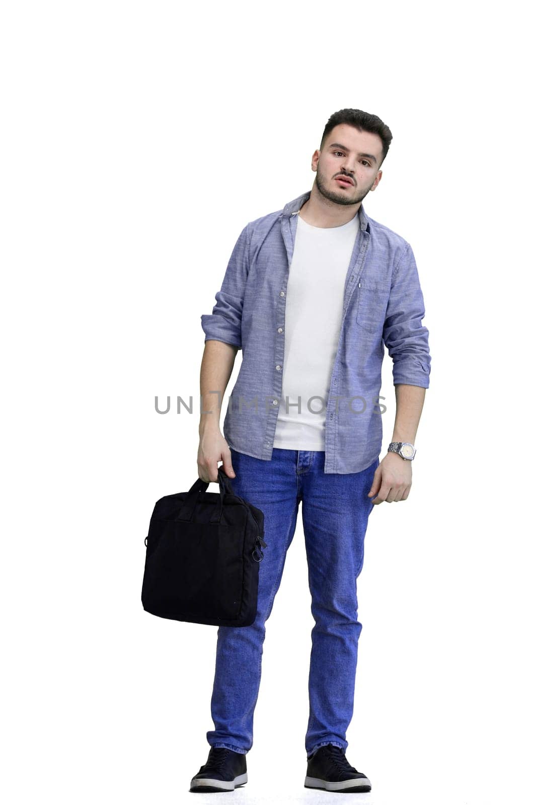 A man, full-length, on a white background, with a briefcase.