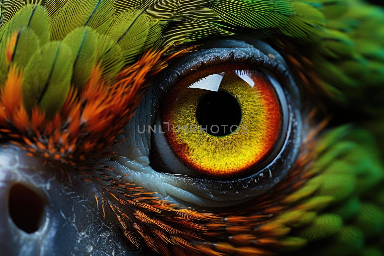 Macro or Close up of an eye of a Parrot. ai generated