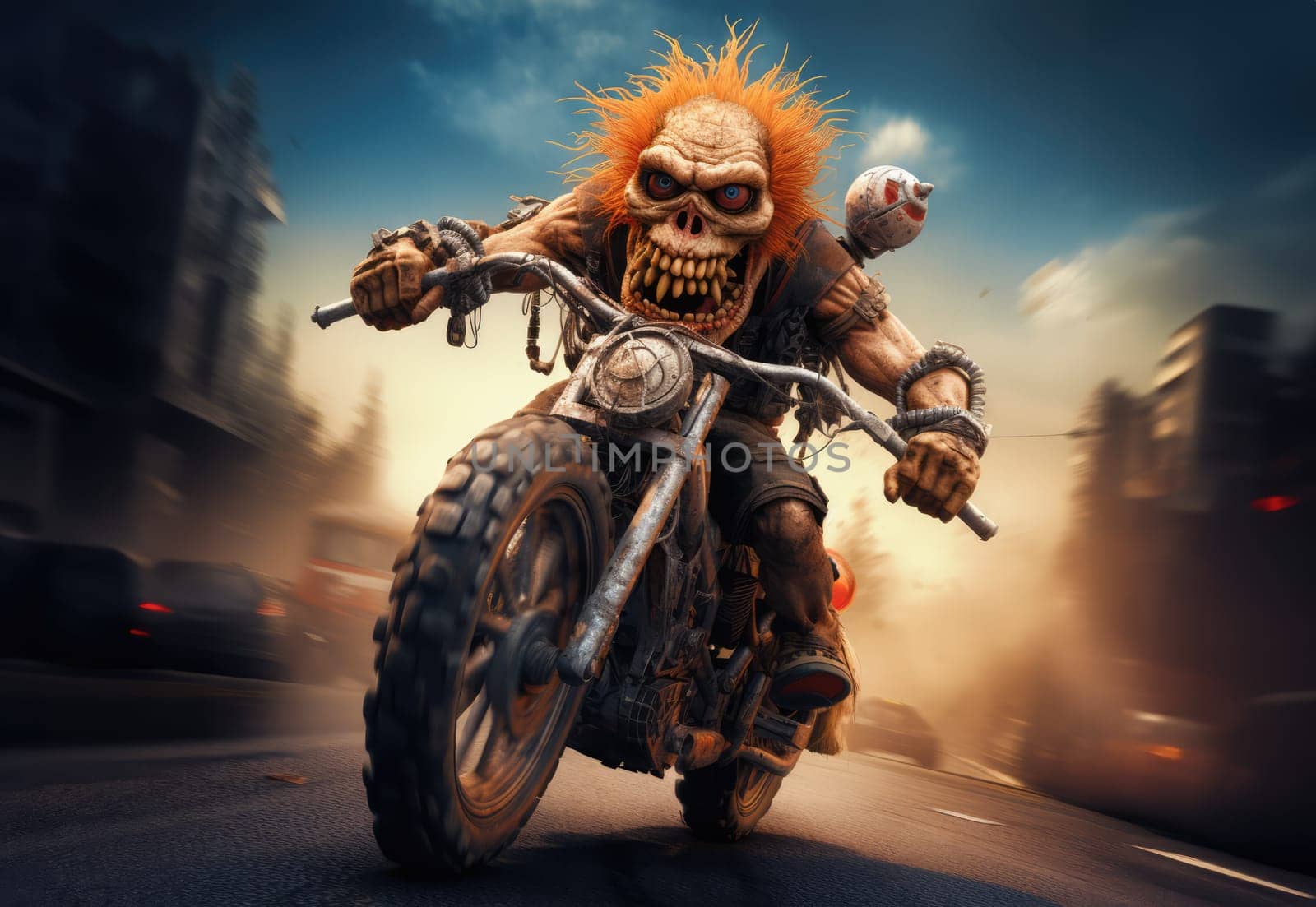 Deadly races and crazy racers monsters on bikes while racing in the city streets in the evening time