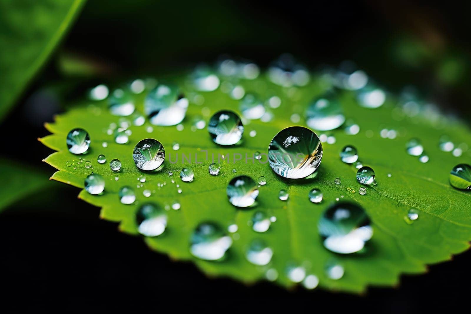 Natural background. Large beautiful drops of transparent rain water on a green leaf macro. AI Generated