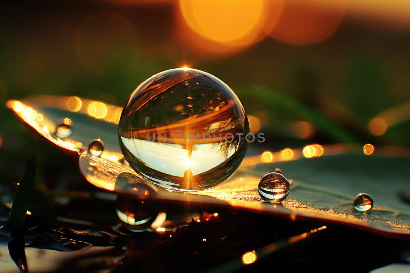 Natural background. Large beautiful drops of transparent rain water on a green leaf macro, sunset. AI Generated