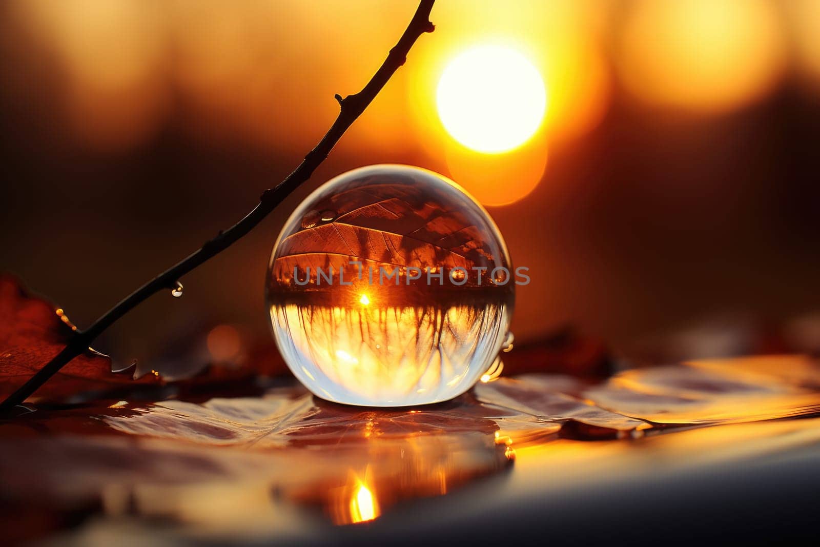 Natural background. Large beautiful drops of transparent rain water on a green leaf macro, sunset. AI Generated