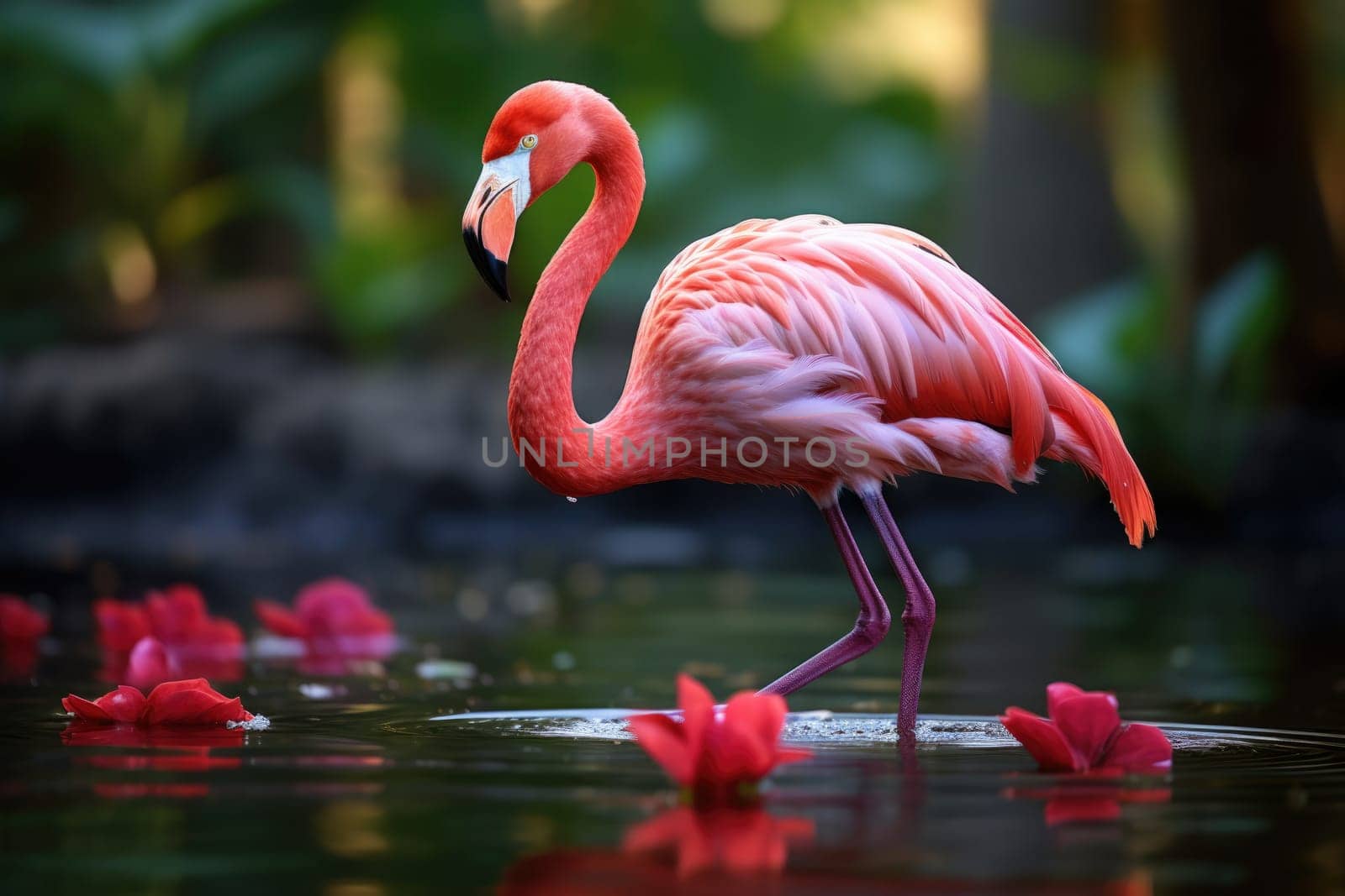 Beautiful flamingo walking in a pond. ai generated
