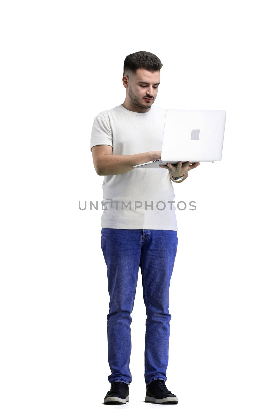 A man, full-length, on a white background, with a laptop by Prosto