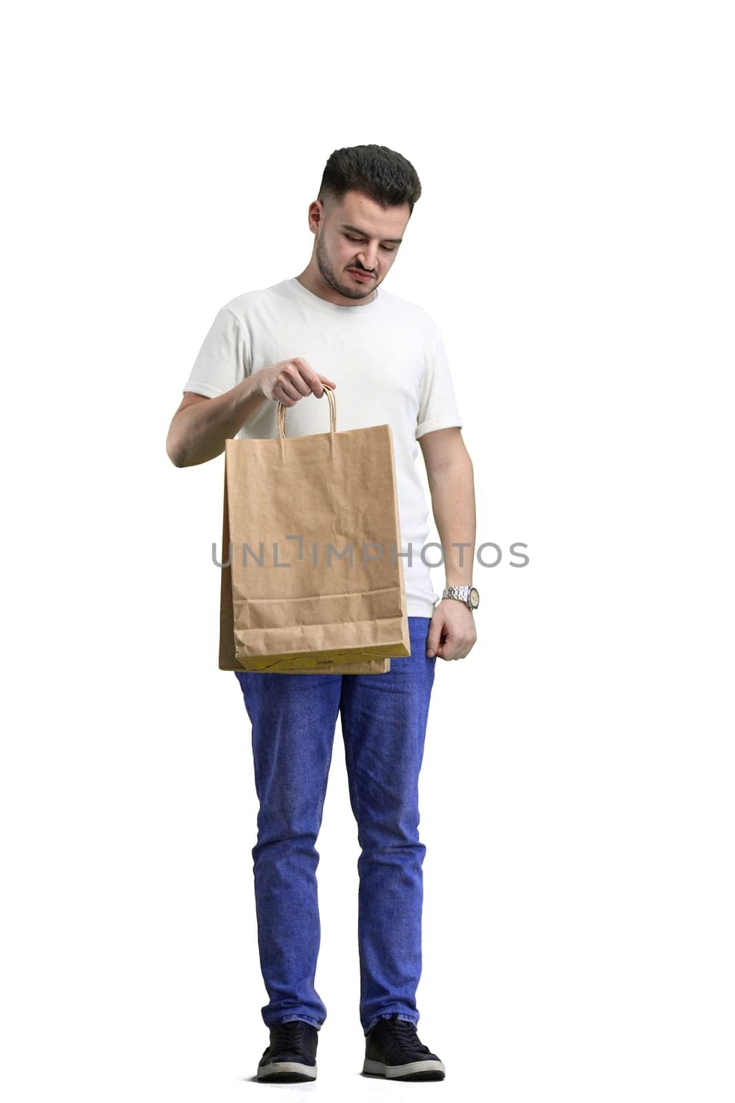 A man, full-length, on a white background, with bags.