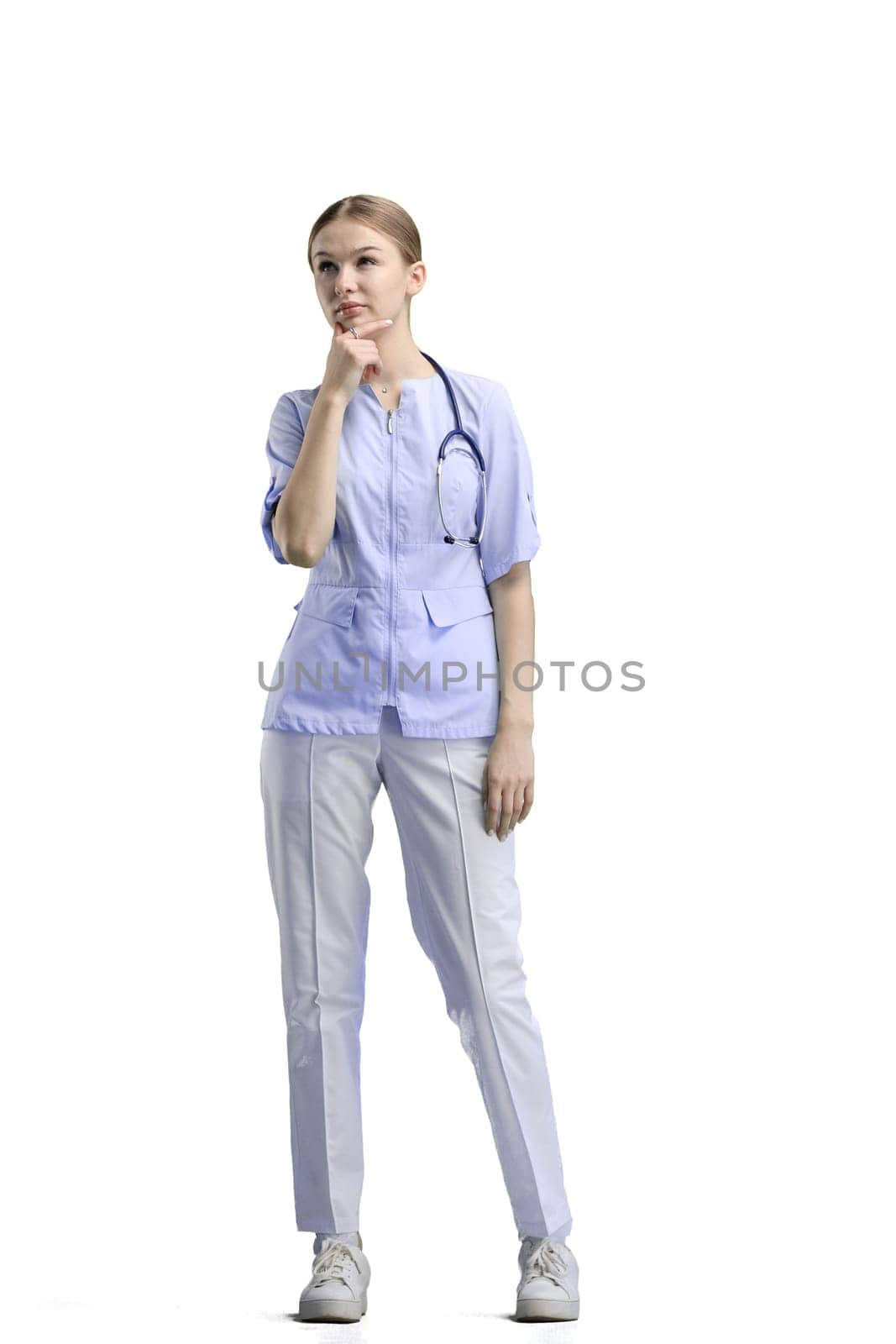 The doctor, in full height, on a white background, thinks by Prosto