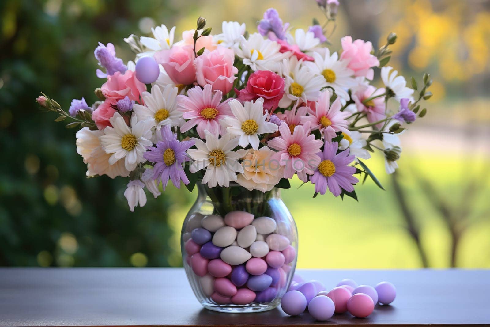 A bouquet of tulips, Easter bunnies and eggs. easter bouquet with flowers and eggs. ai generated