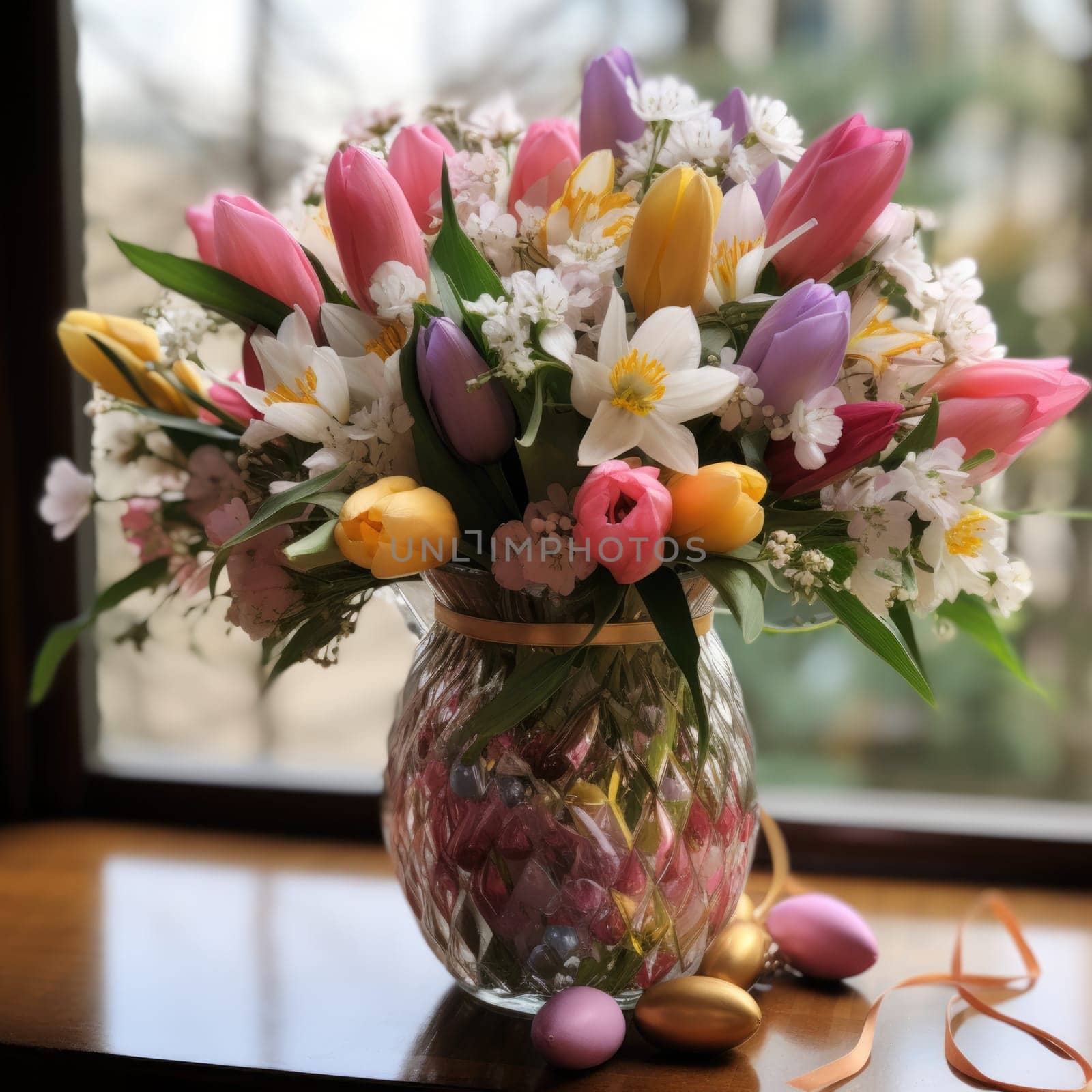 easter bouquet with flowers and eggs. ai generated by Desperada