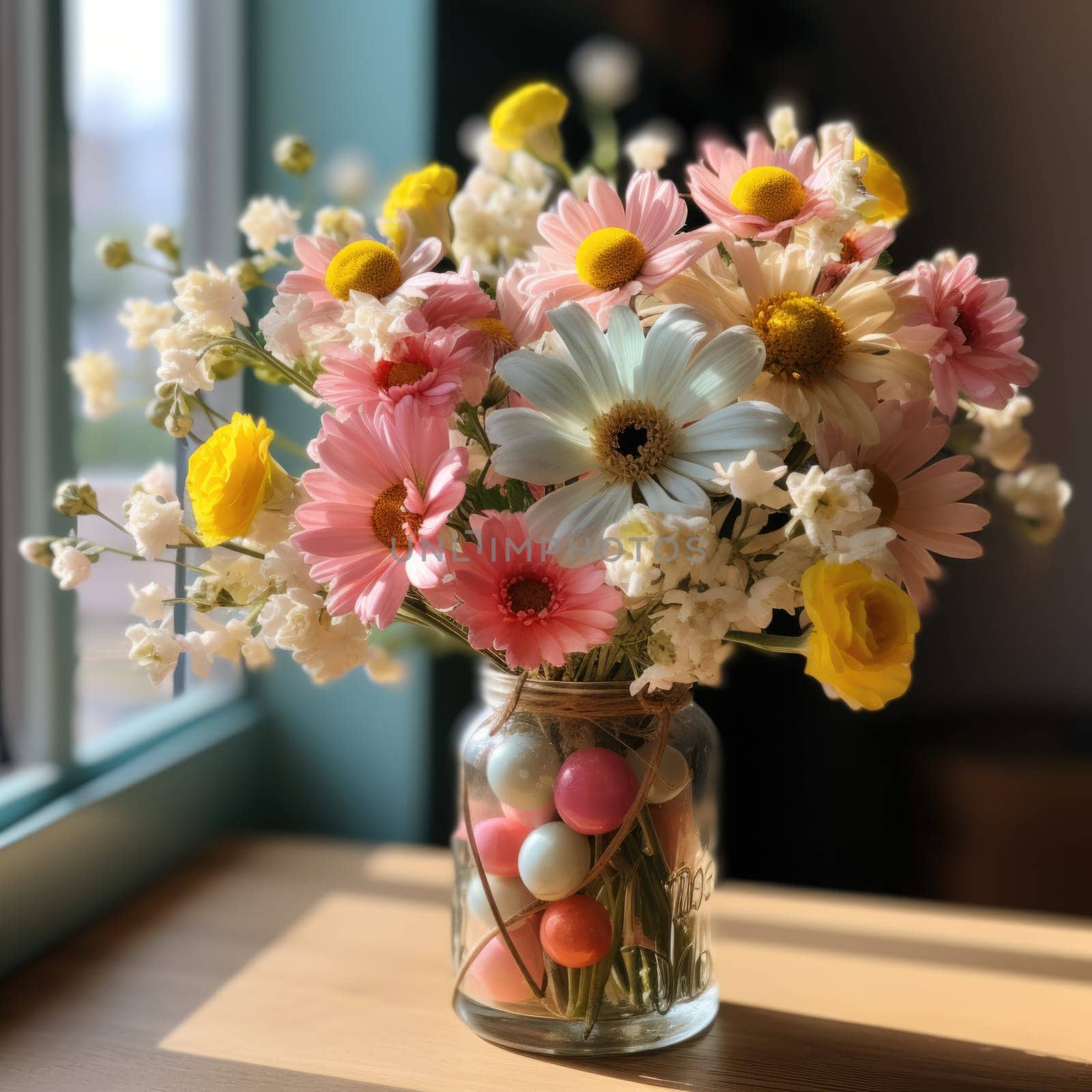 A bouquet of tulips, Easter bunnies and eggs. easter bouquet with flowers and eggs. ai generated