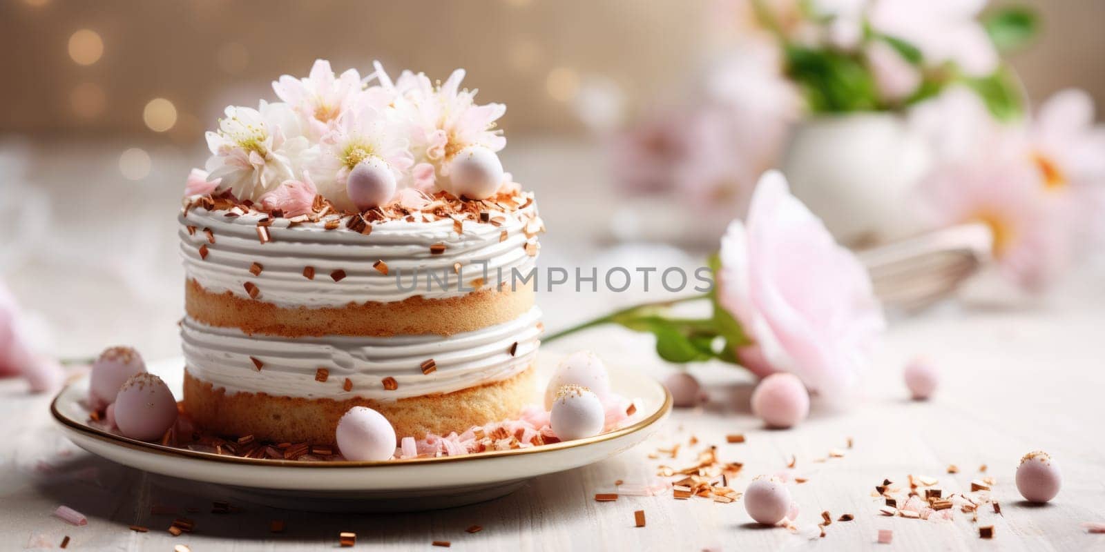 Delicious decorated Easter cake in rustic kitchen. ai generated