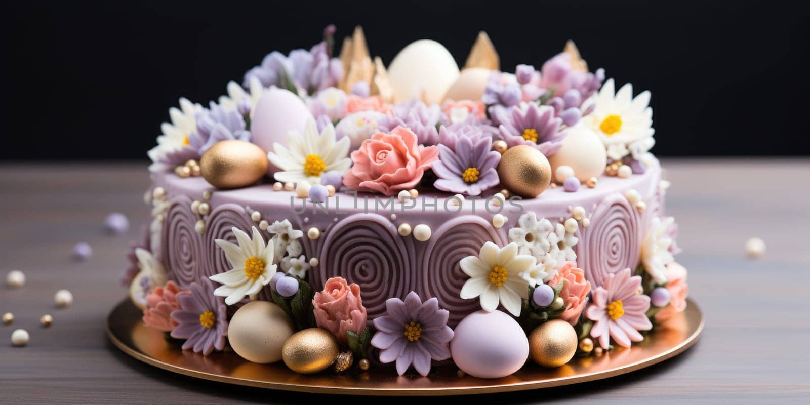 Delicious decorated Easter cake in rustic kitchen. ai generated