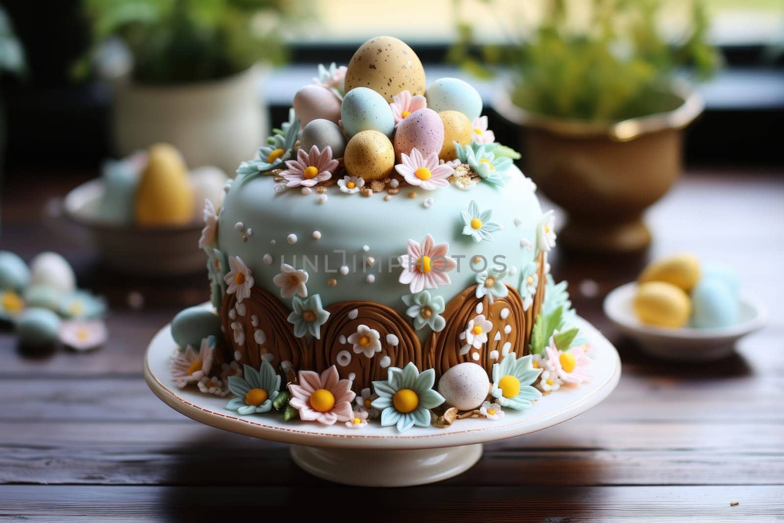 Delicious decorated Easter cake in rustic kitchen. ai generated