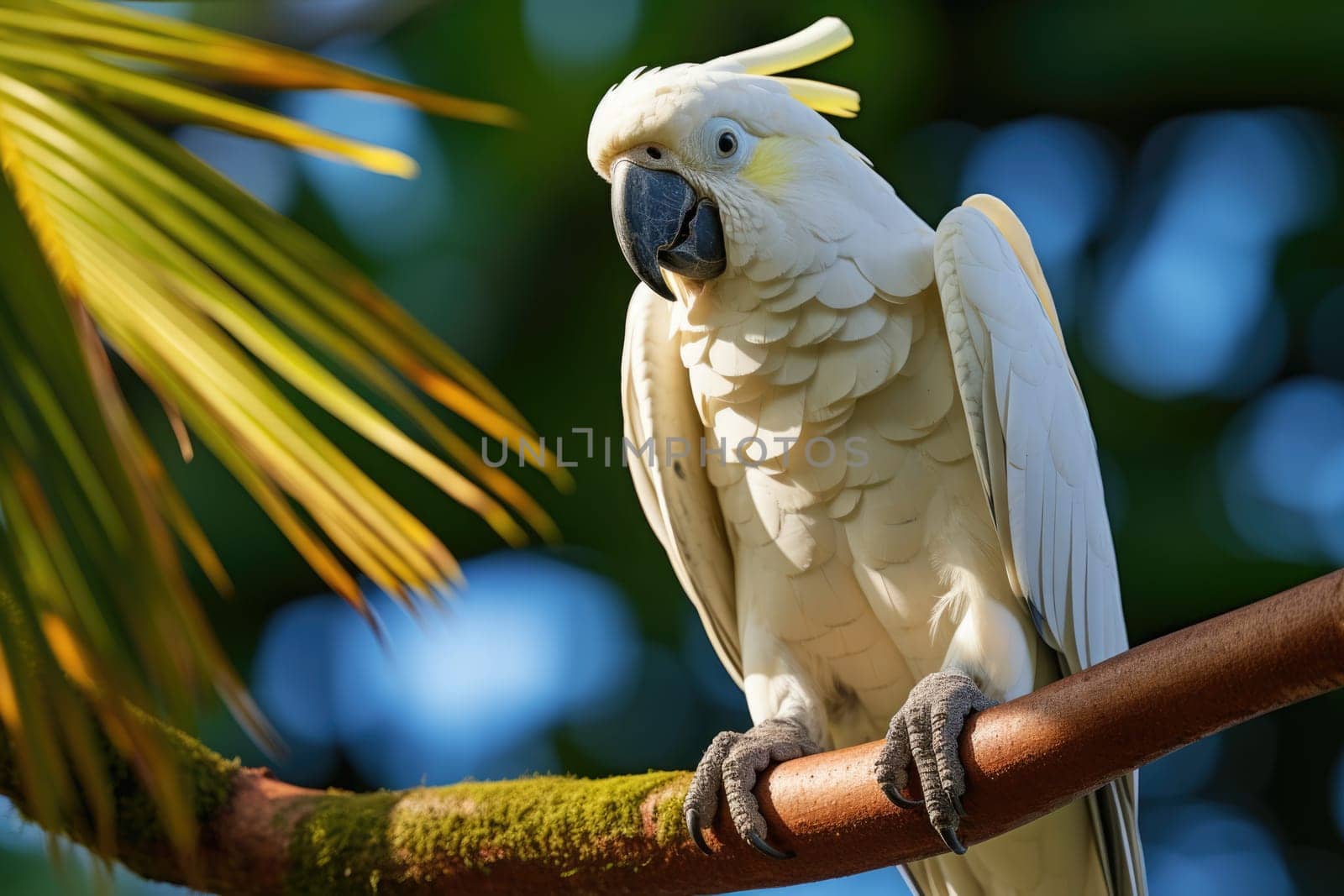 Close up of white parrot on tree branch. ai generated