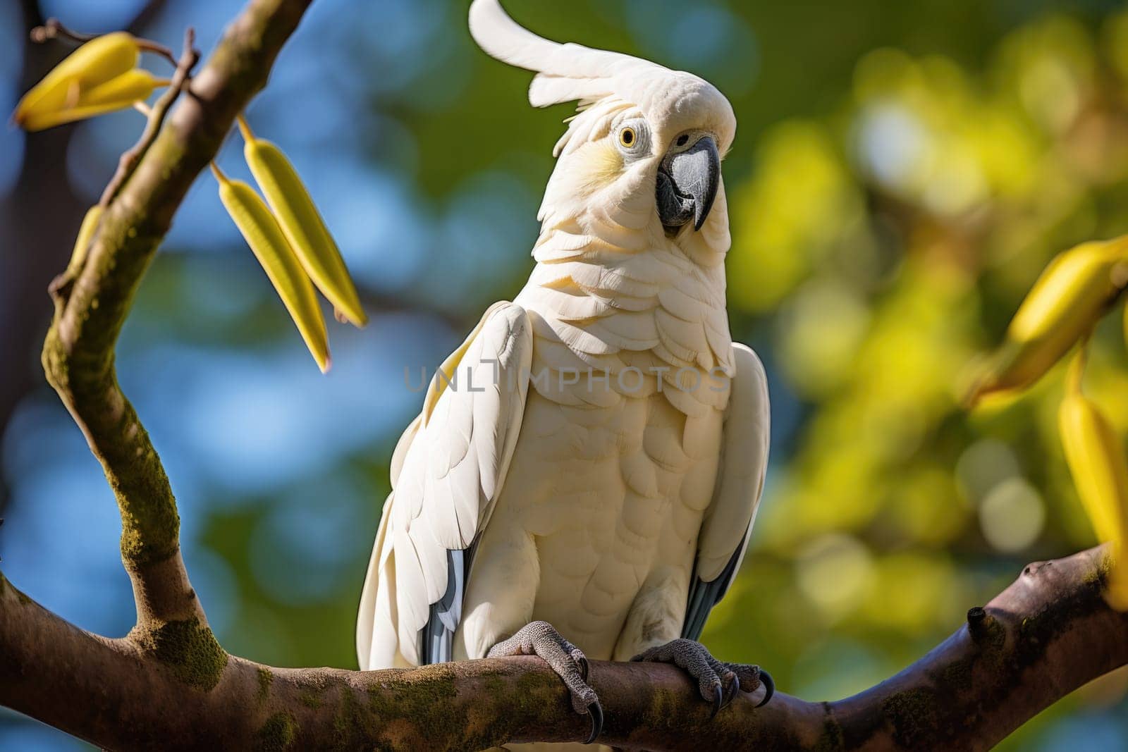 Close up of white parrot on tree branch. ai generated