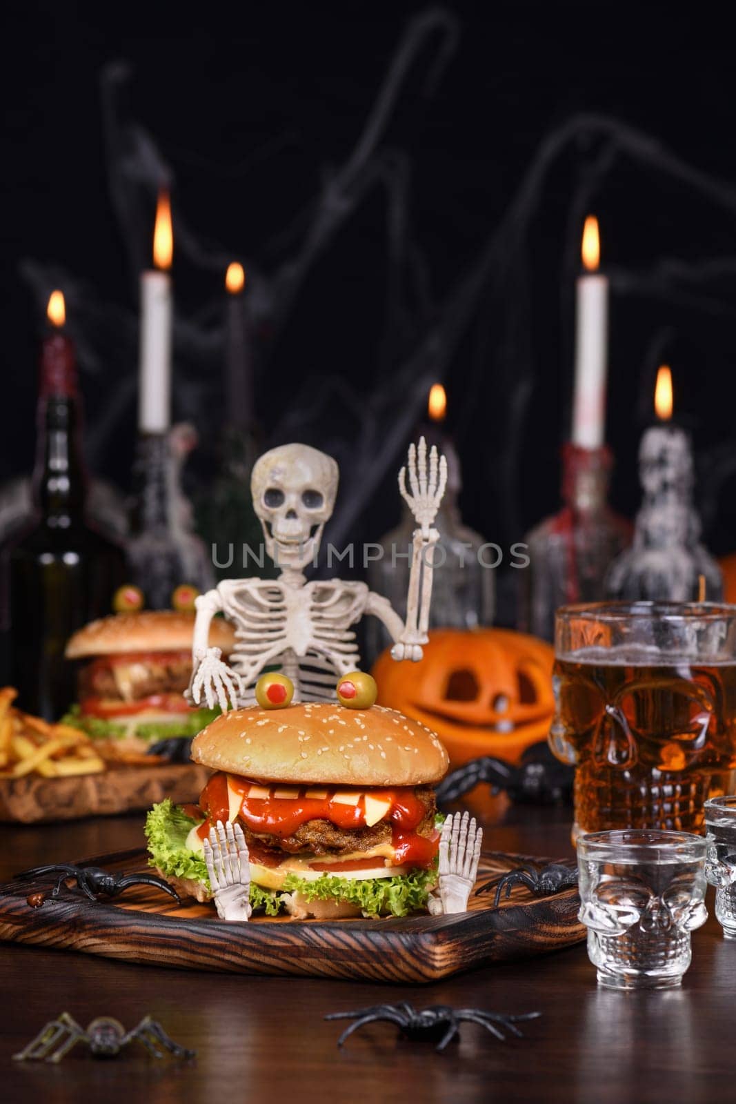  The Monster Burger on a sitting skeleton will definitely lift your spirits and is the perfect Halloween party appetizer.