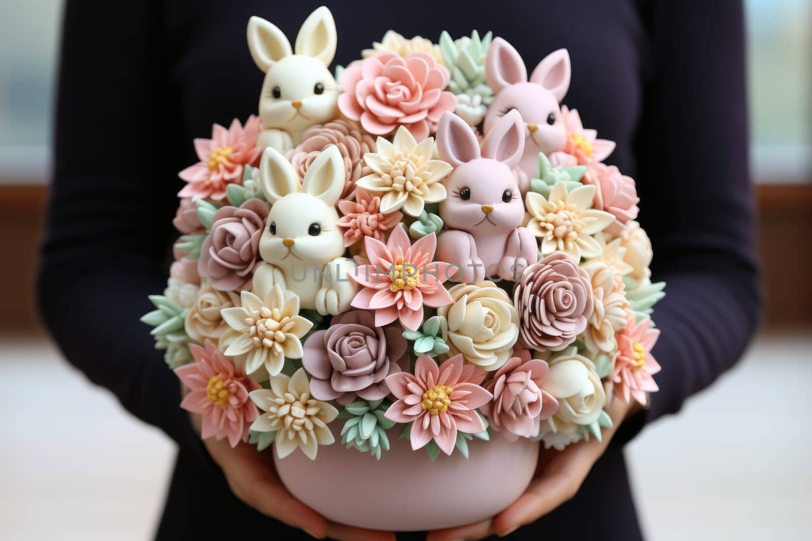 sweet food floral spring nature design for the holiday season. edible easter bouquet with ribbon, gift idea. ai generated