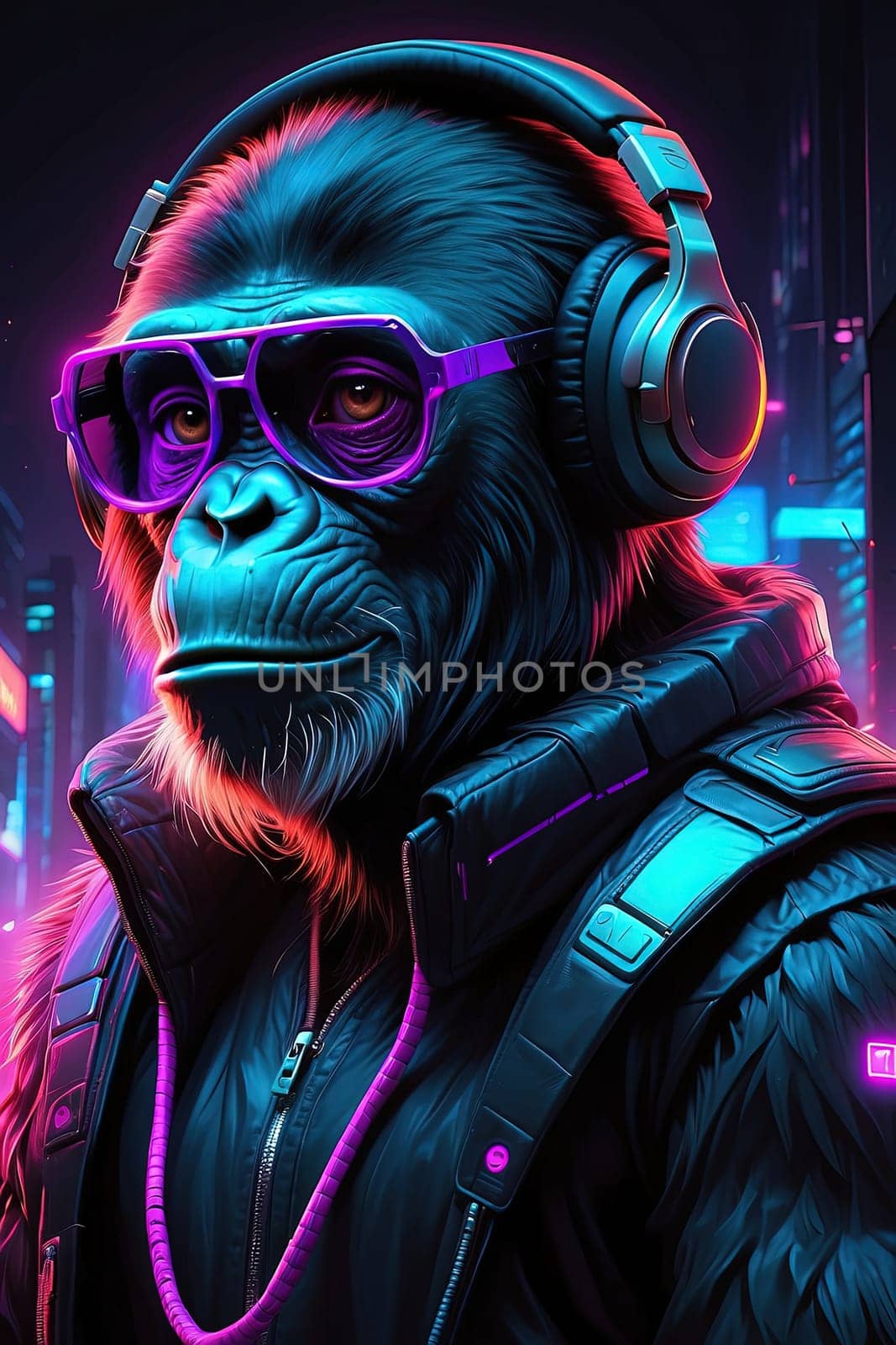 Gorilla with headphones and glasses on the background of the neon city. AI Generated.