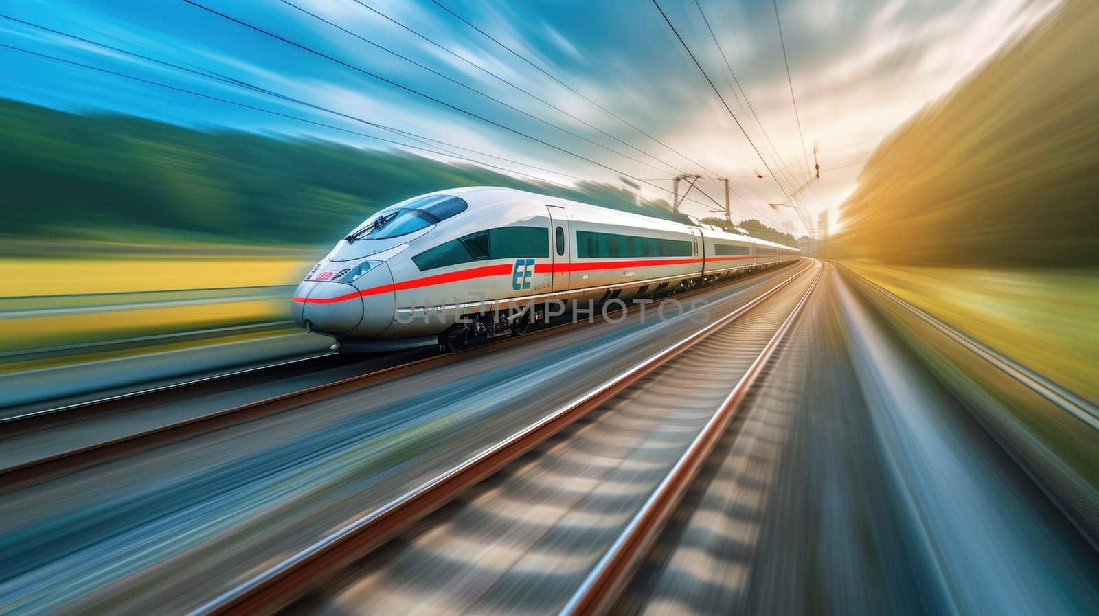 A high-speed train zooming through a scenic countryside, modern design, motion blur, representing speed and modern transportation. Resplendent.