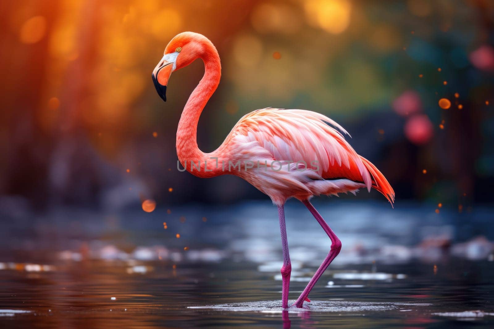 Beautiful flamingo walking in a pond. ai generated