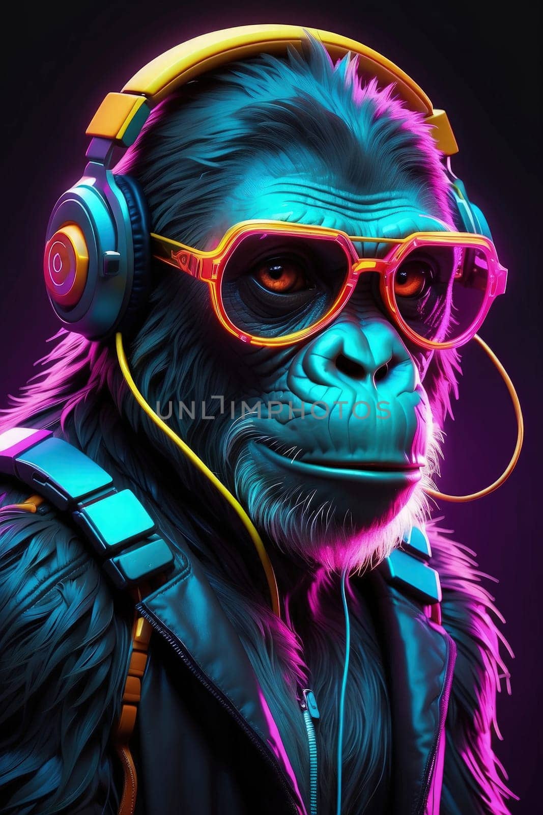 Cool gorilla with neon glow listening to audio radio podcast with headphones. 3D illustration. AI Generated.