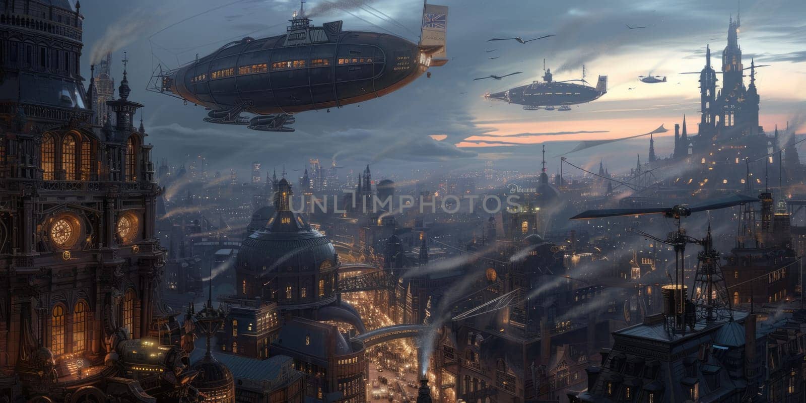 Steampunk Airships Over a Victorian Cityscape. Resplendent. by biancoblue