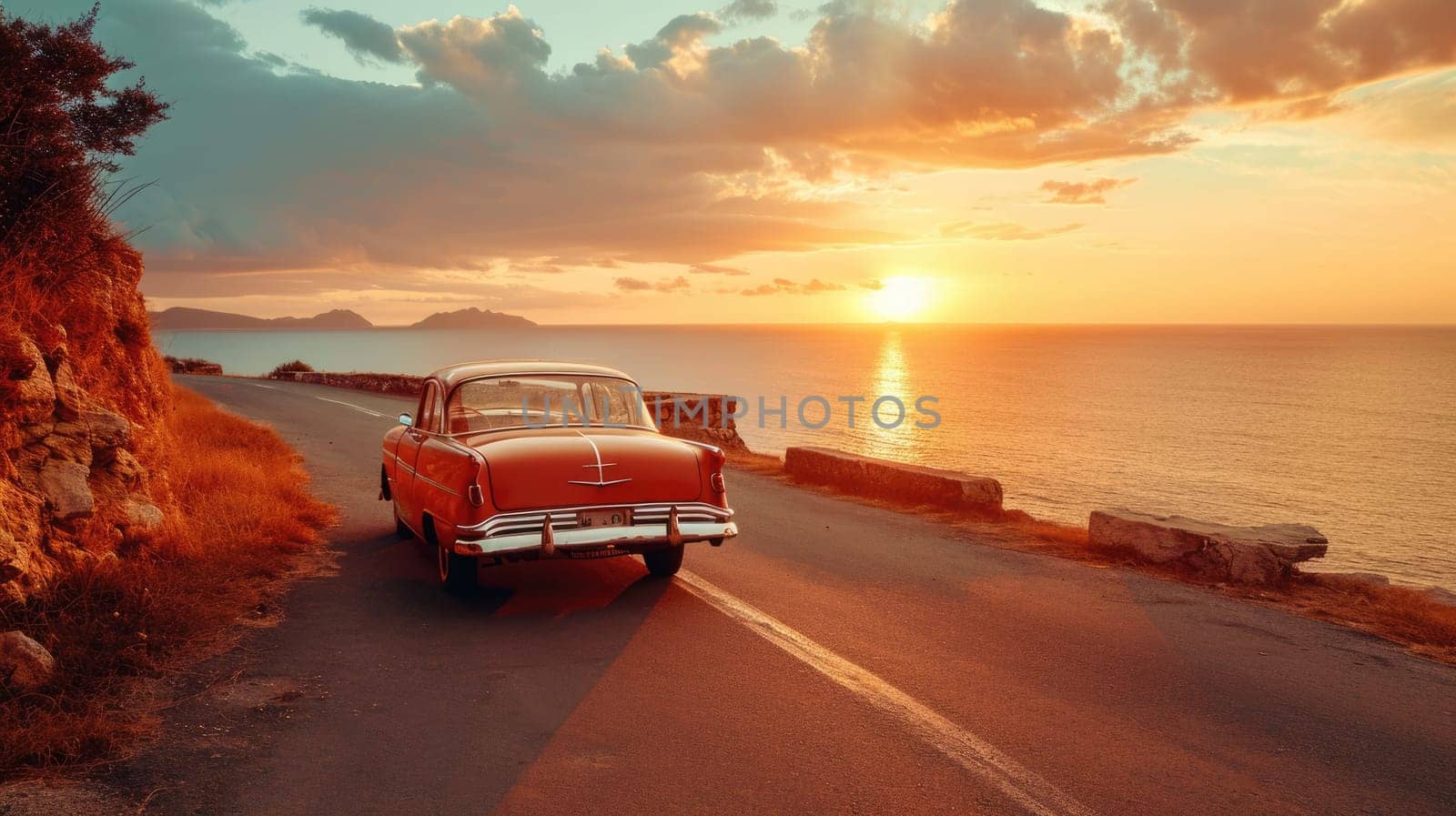 A vintage car parked on a winding coastal road overlooking the ocean, with a stunning sunset in the background creating a nostalgic scene. Resplendent.