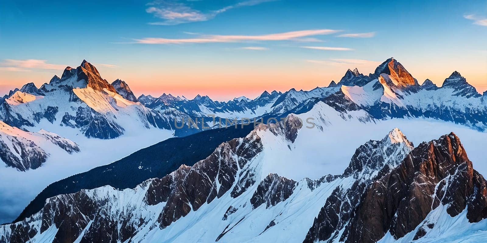 Snowy mountain peaks under a vast sky panorama. Generative AI.