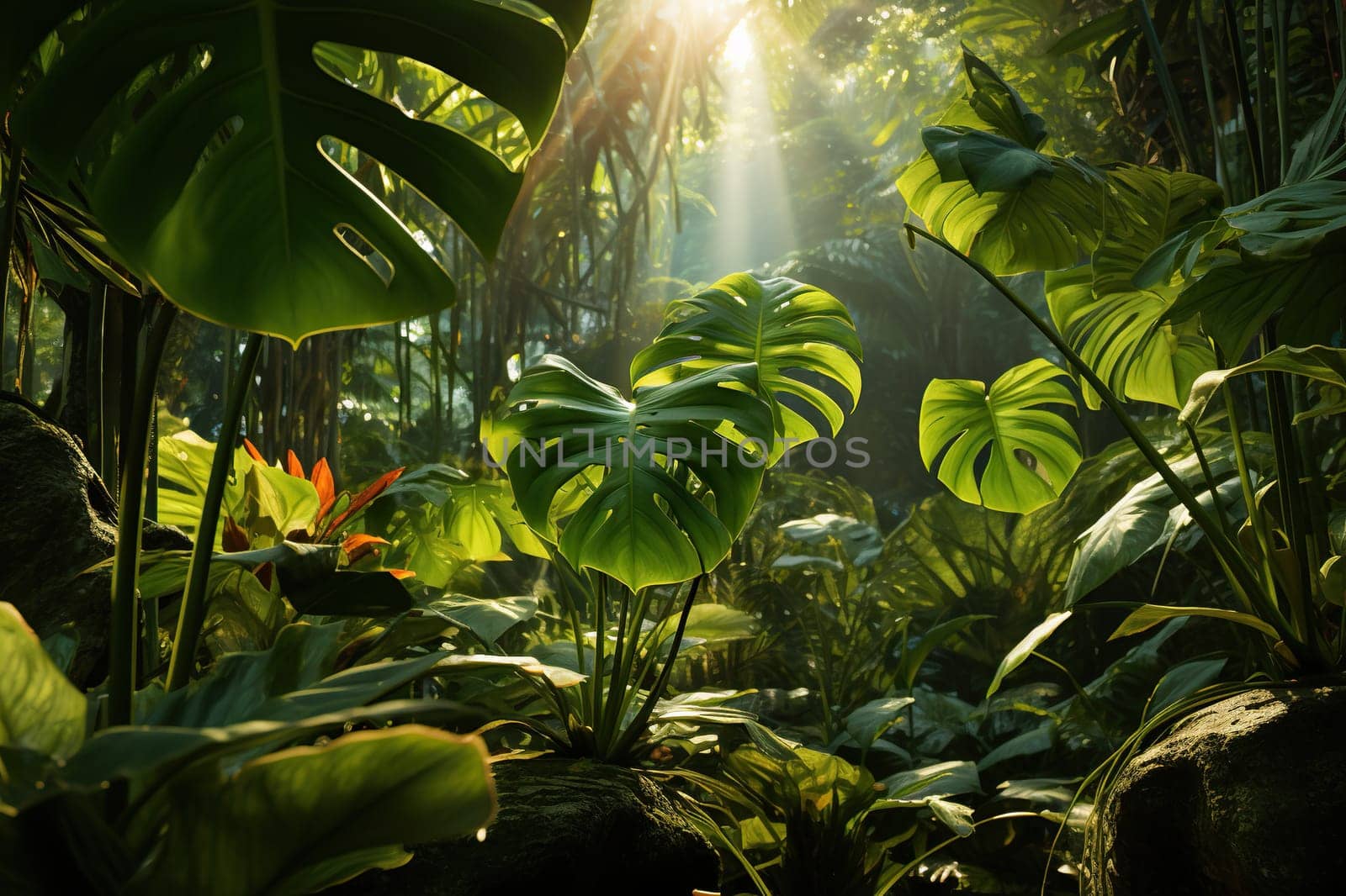 Large monstera leaves in the tropical forest.
