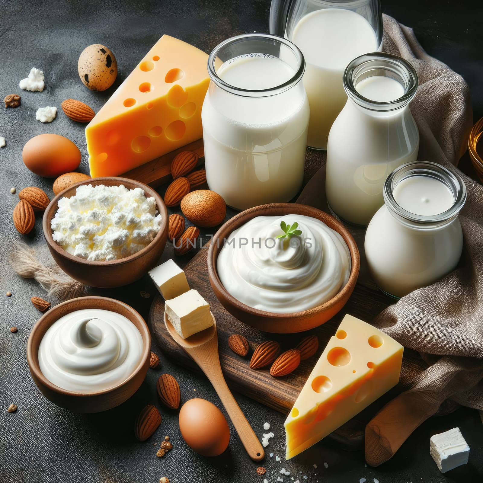 close up photo of Different milk products: cheese, cream, milk, yoghurt. On a blue background on rustic wooden table front view.