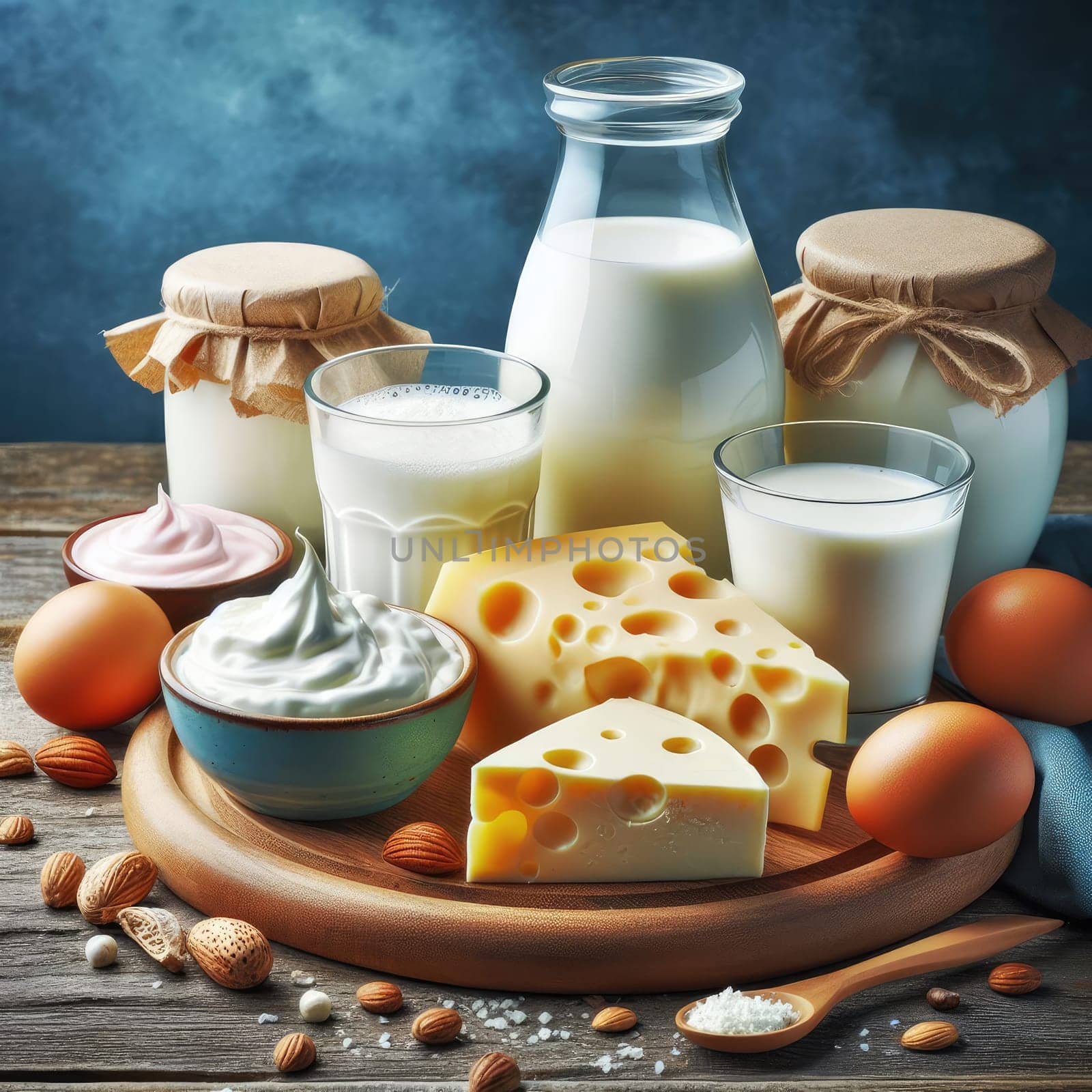close up photo of Different milk products: cheese, cream, milk, yoghurt. On a blue background on rustic wooden table front view.