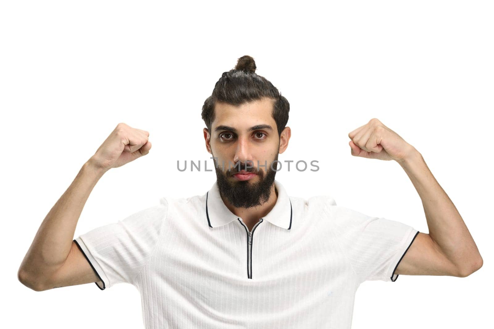Man, close-up, on a white background, shows strength by Prosto