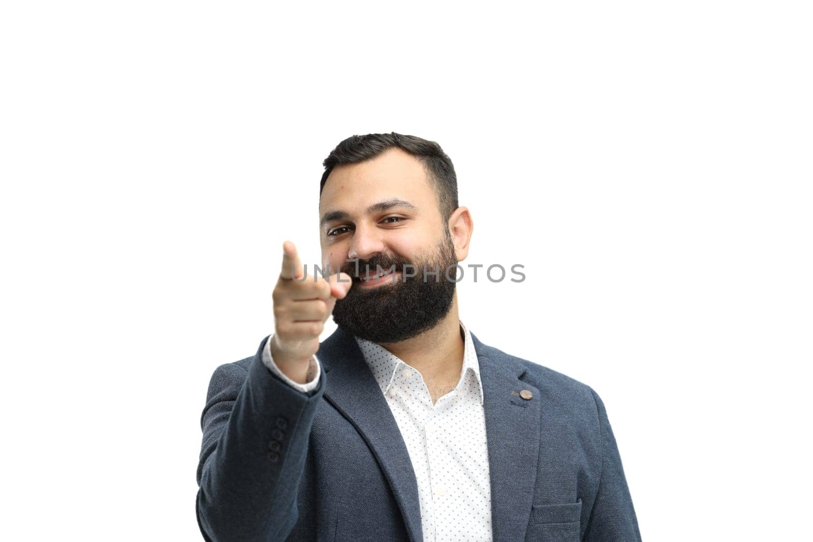 A man, close-up, on a white background, points forward by Prosto