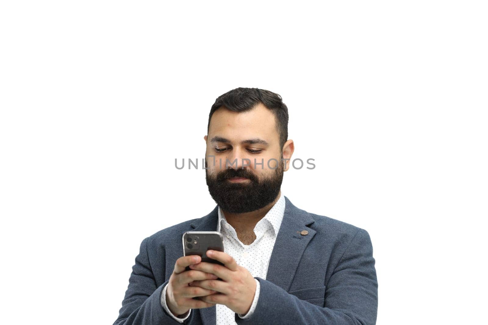 Man, close-up, on a white background, with a phone by Prosto