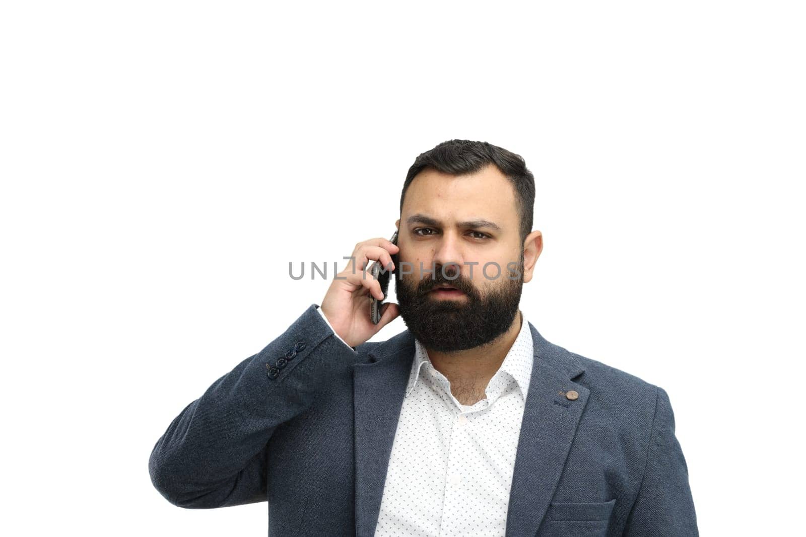 Man, close-up, on a white background, with a phone by Prosto