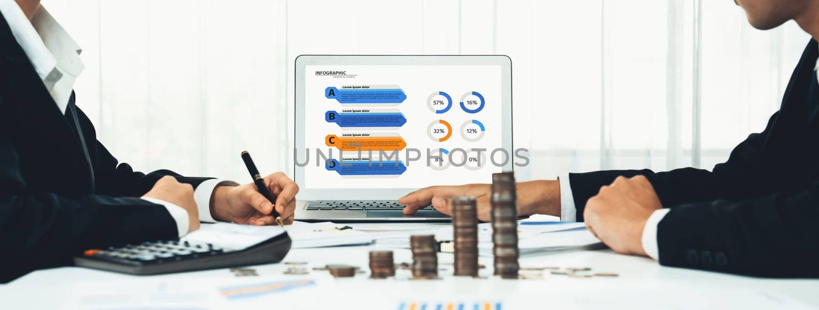 Business intelligence analyst use BI software on laptop to analyze financial data dashboard with growth stack coin symbolize business technology make investment decision in panorama. Shrewd