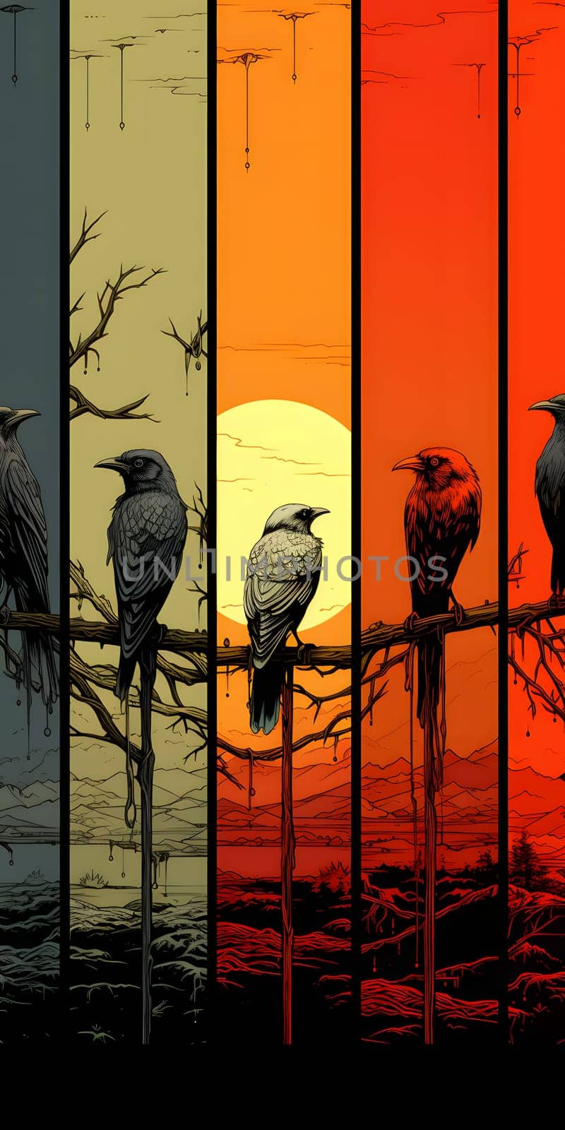 A group of birds with elegant silhouettes gracefully perched on top of a tree branch, creating a beautiful and harmonious scene in nature.