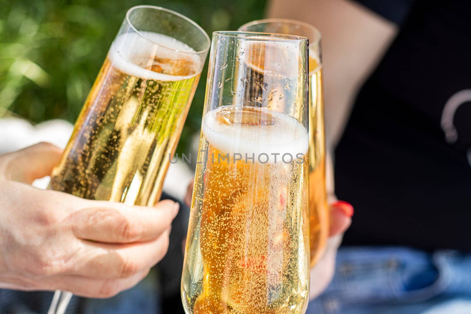 aesthetics glass at a picnic. sparkling champagne glasses. Three full glasses of champagne touch. High quality photo. friends are drinking in nature. Alcohol picnic. life style