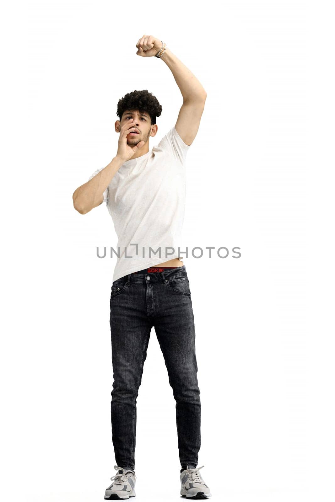 A man, on a white background, in full height, rejoices by Prosto