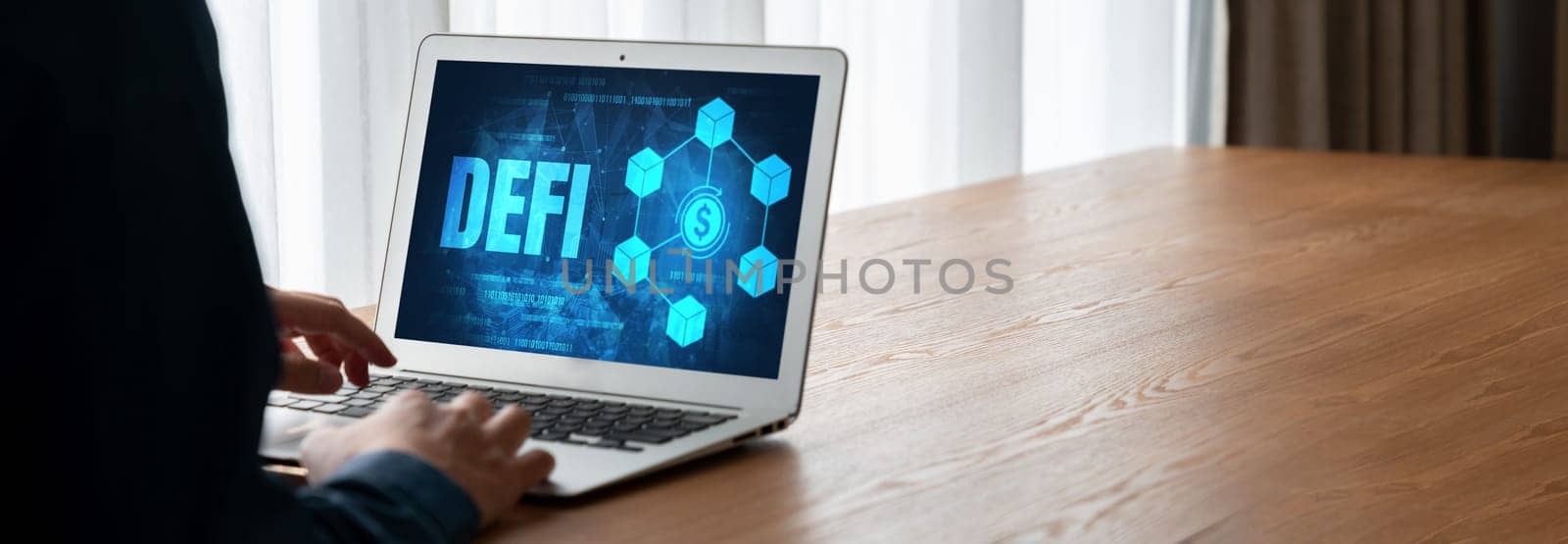 Decentralized finance or DeFi concept on modish computer screen . The defi system give new choice of investment and money saving .