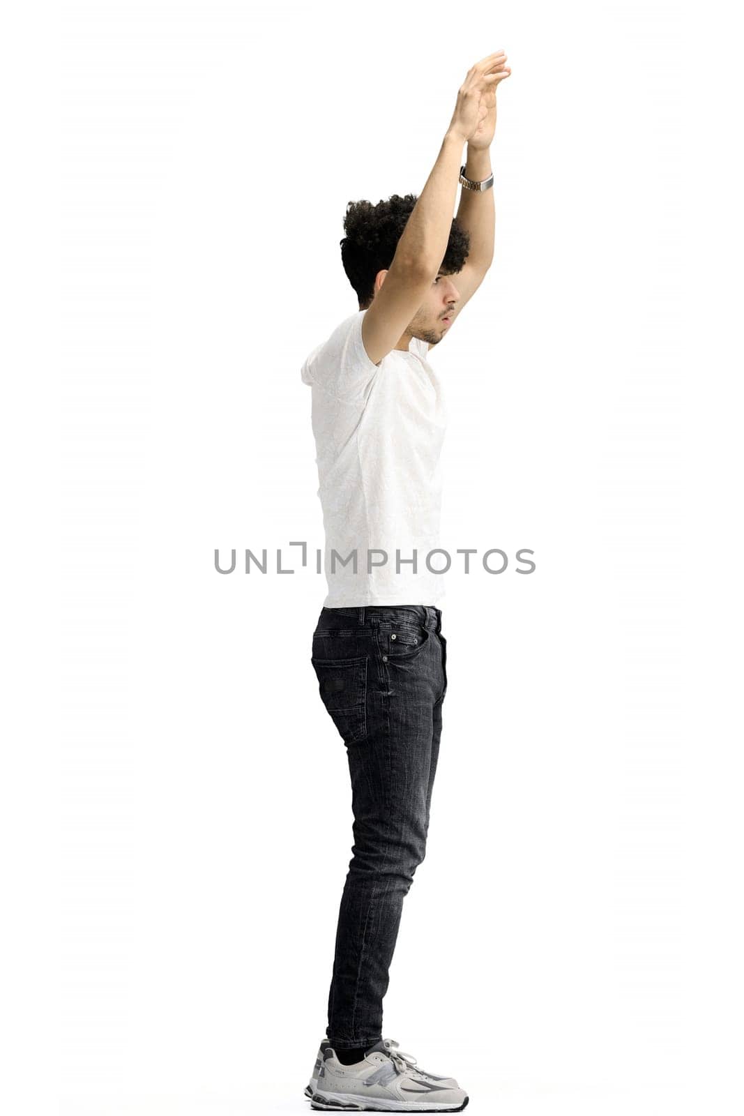 A man, on a white background, in full height, waving his arms by Prosto