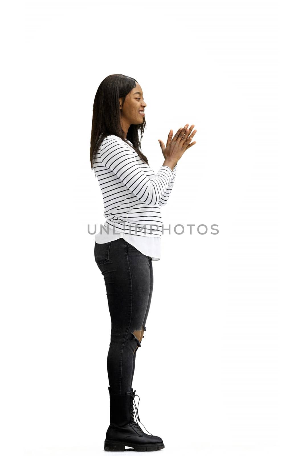 A woman, on a white background, in full height, claps by Prosto