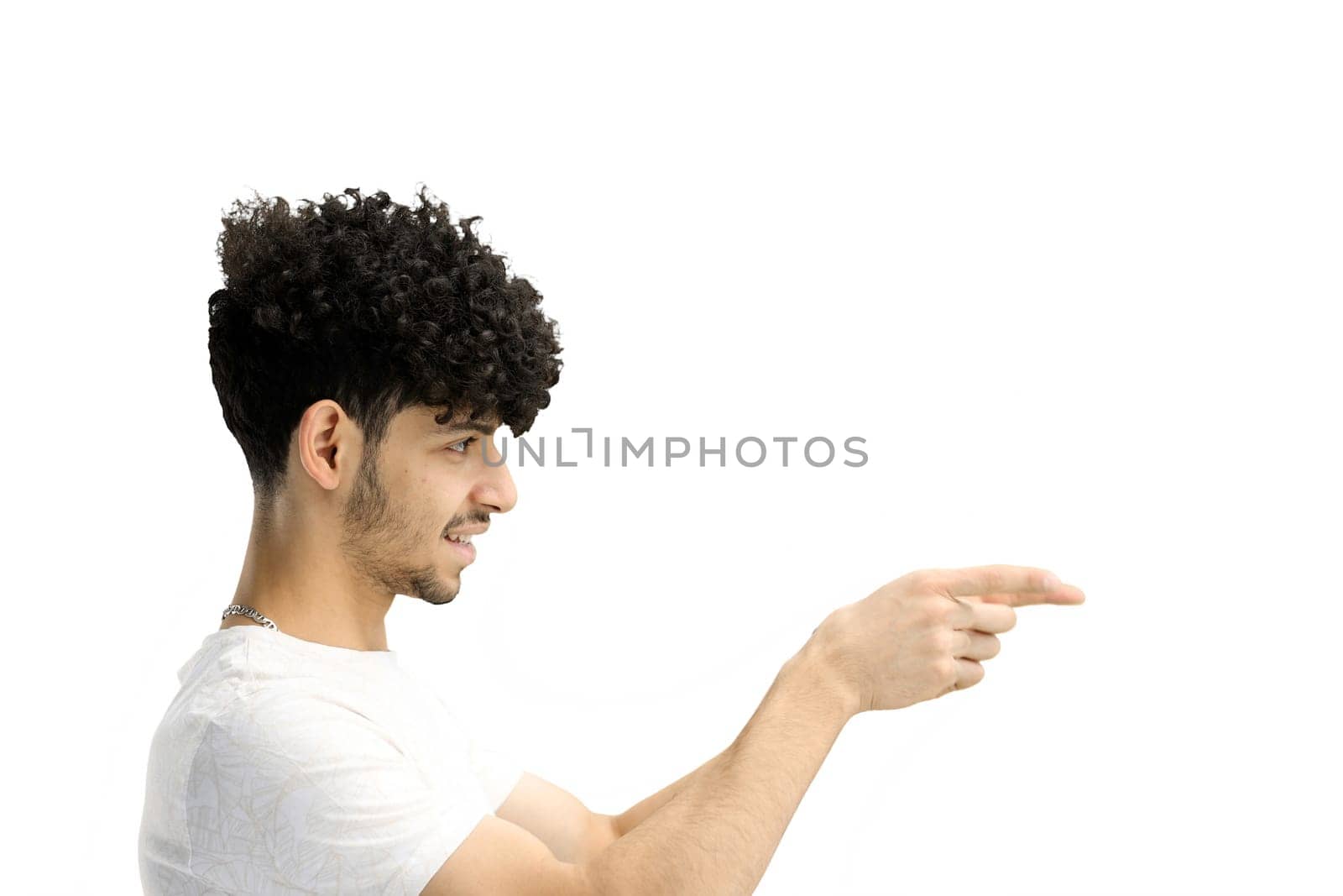 A man, on a white background, in close-up, points to the side by Prosto