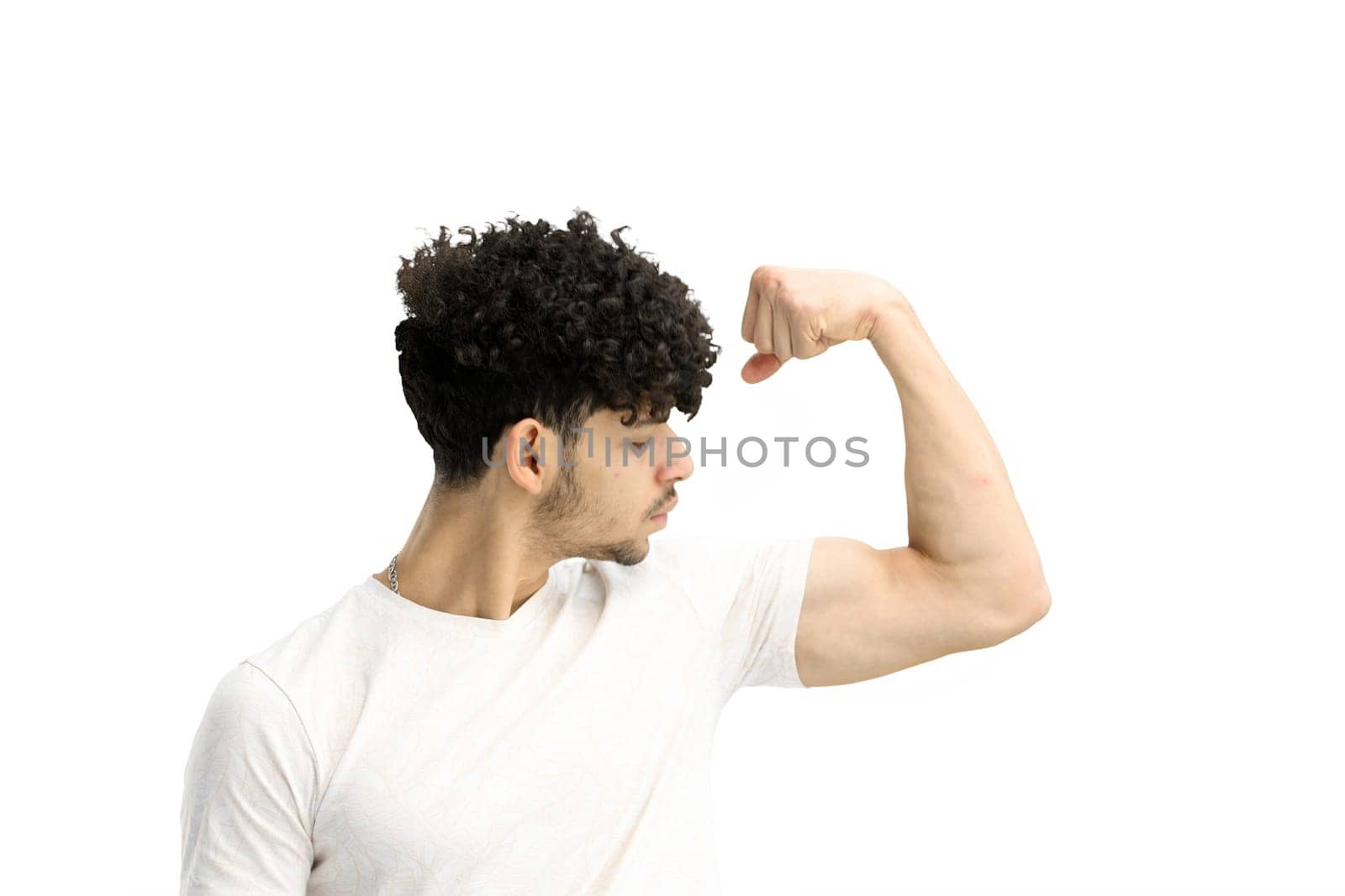 A man, on a white background, close-up, shows strength by Prosto