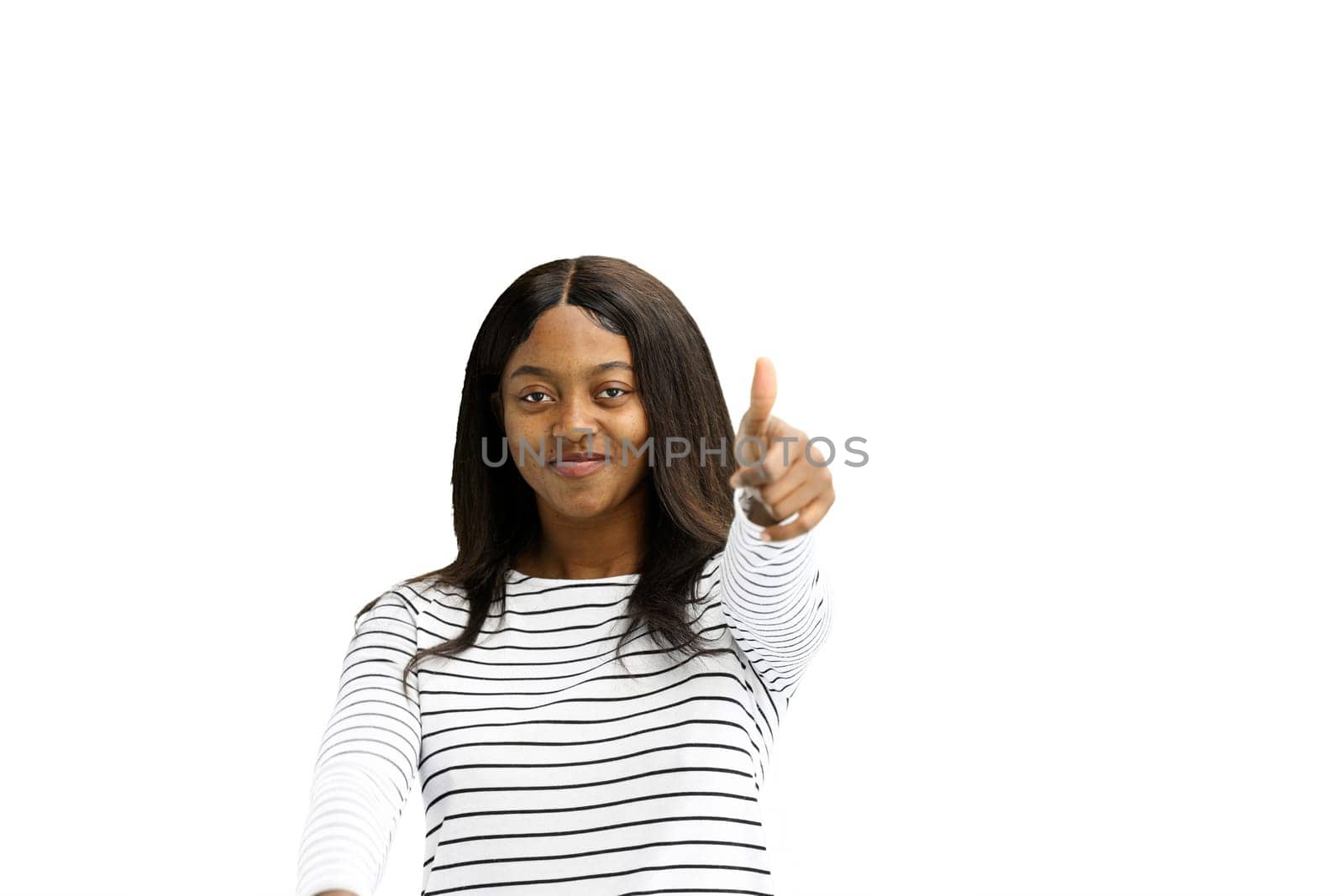 A woman, on a white background, in close-up, shows her thumbs up by Prosto