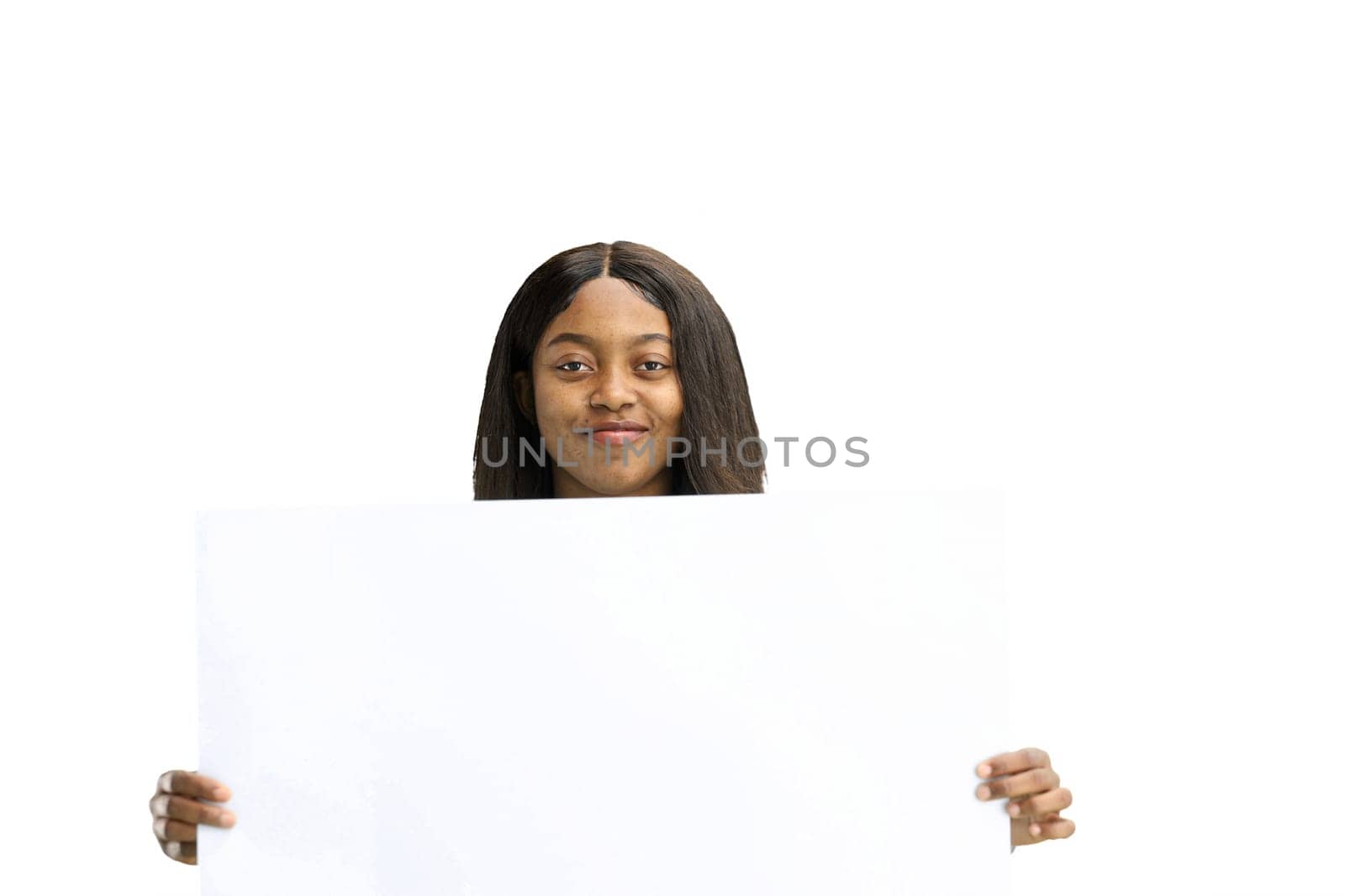 Woman, on a white background, close-up, with a white sheet.