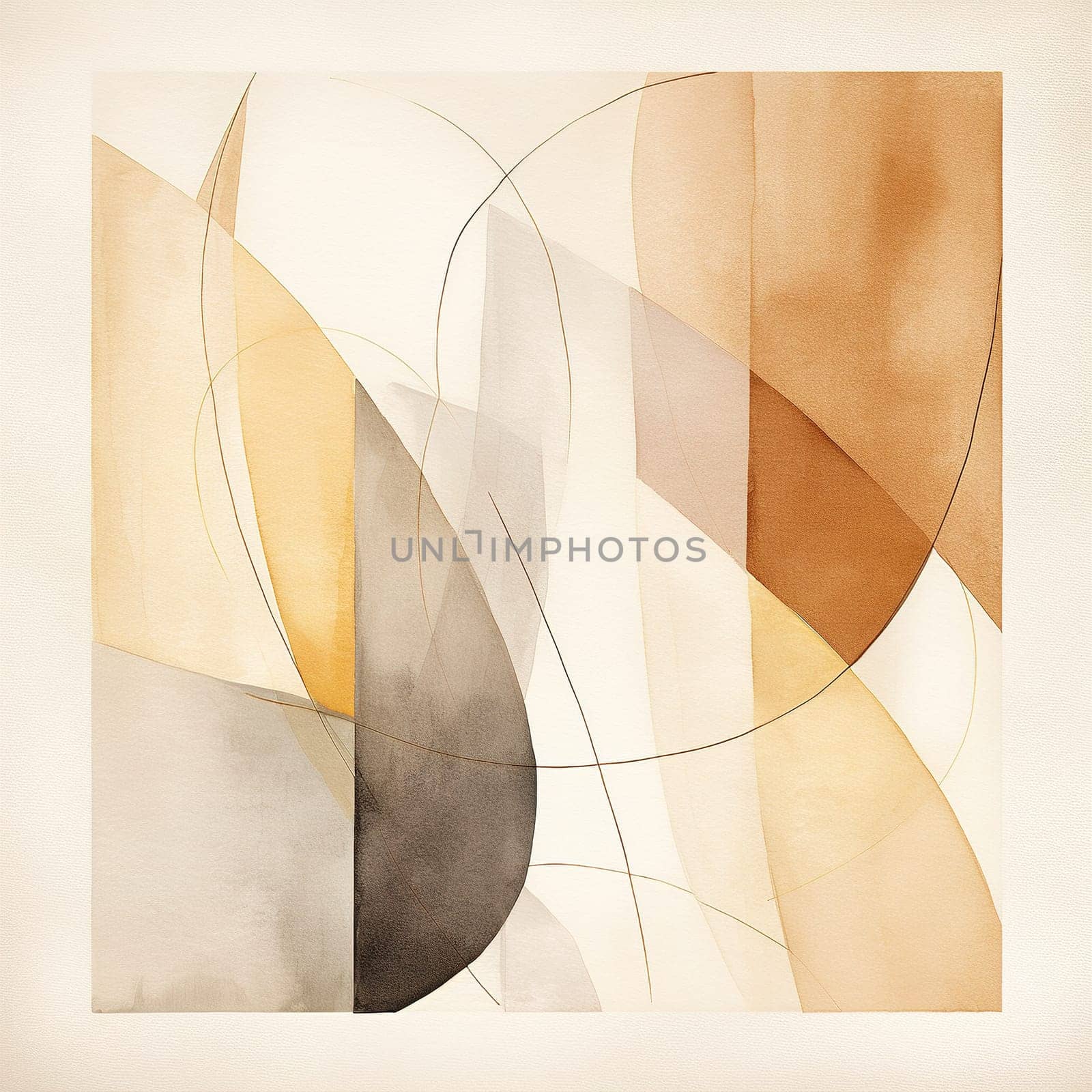 Elegant watercolor composition blending Nordic minimalism with geometric and organic shapes in a soothing palette of neutral and earth tones, ideal for modern decor and calming spaces. Generative AI. by creativebird